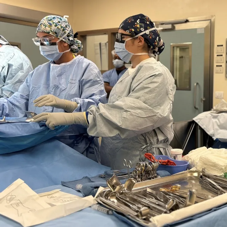 Two surgical techs, gowned and gloved, at a back table