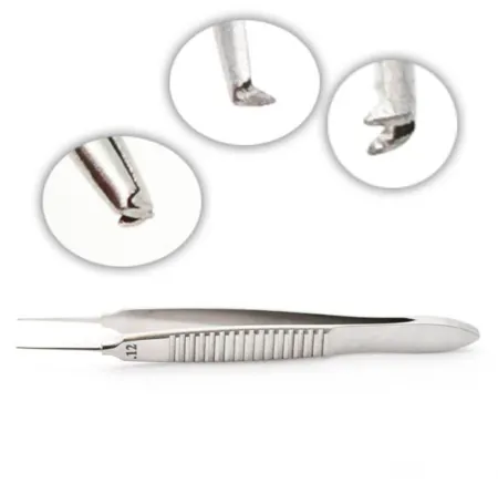 Bonn forceps with serrated, flat short handle.