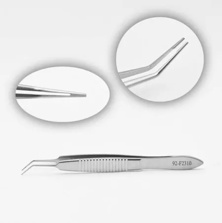 Cozean-McPherson Lens Forceps with angled tips. The platform has a slot for Lens Haptic