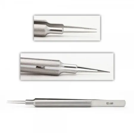 Tennant Tying Forceps, straight. Handle is round and knurled, straight, with a guide pin
